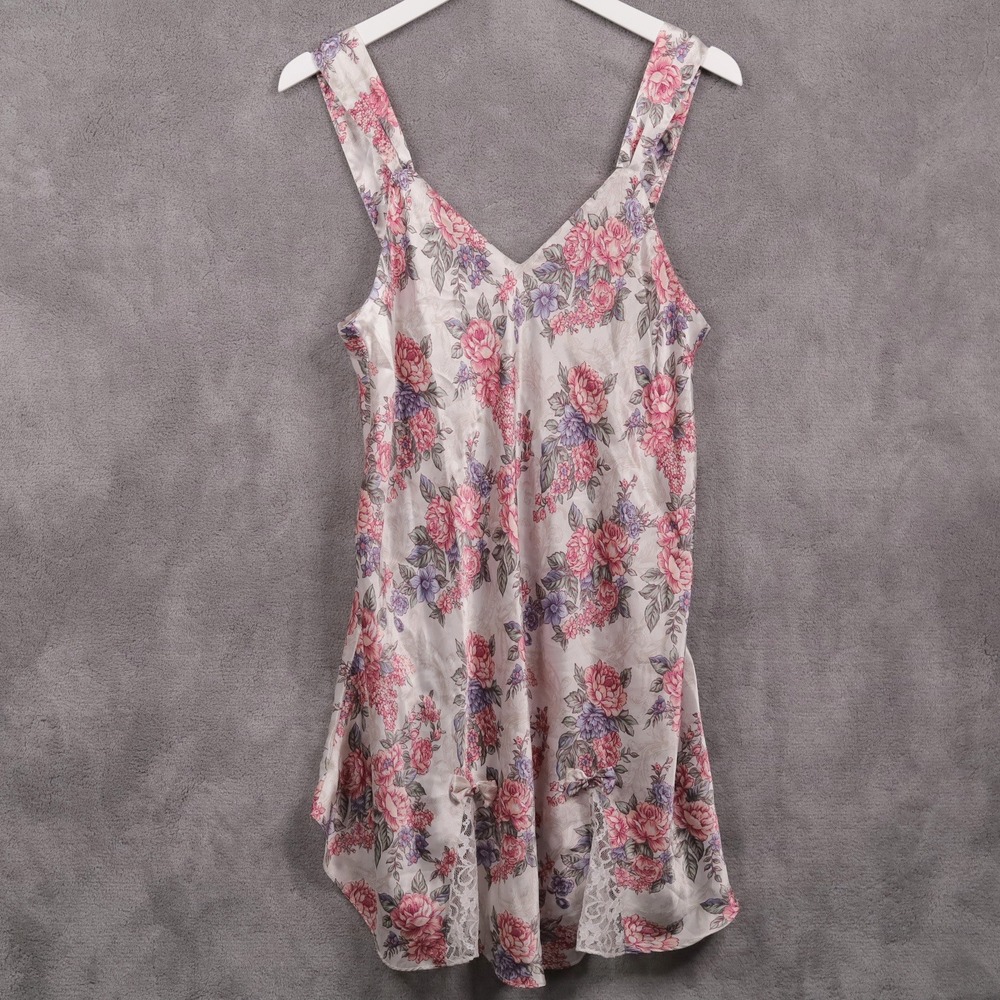VTG 90s Floral Satin Nightgown Chemise Lace Bows‎ Romantic Coquette Pink Sz M